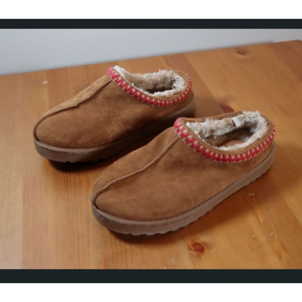White Mountain Women's Faux Fur Slipper Clogs Brown Red Stitching 7.5